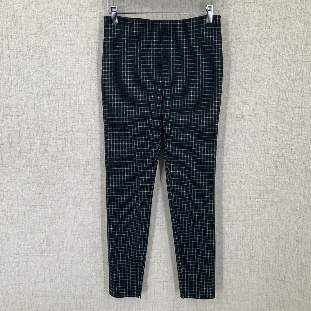 Theory Pants Womens S Navy Blue Grid Windowpane Plaid Slim Pull On Classic